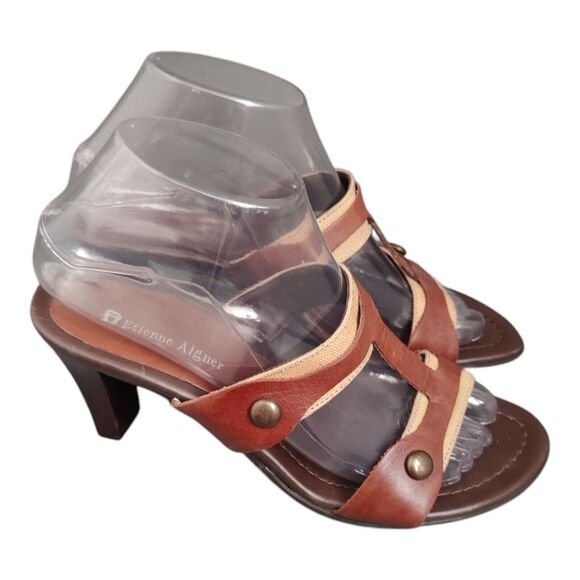 Etienne Aigner Diablo Slip On Sandals Brown Leather Heels Open Toe Stud Size 7M - Picture 4 of 15